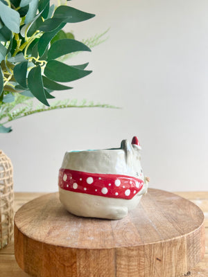 Festive grey bunny pot with gingerbread friend