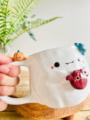 Ghost mug with bat, spider and pumpkin friends