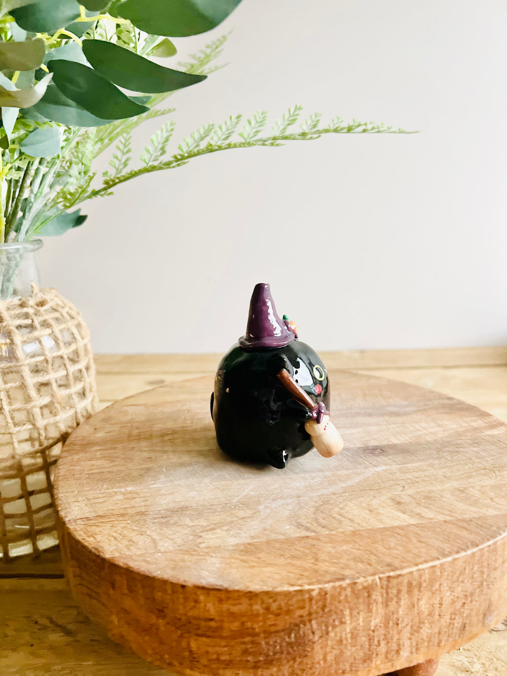 Black cat witch with broomstick and pumpkin friend bud vase, photo 3 of 9