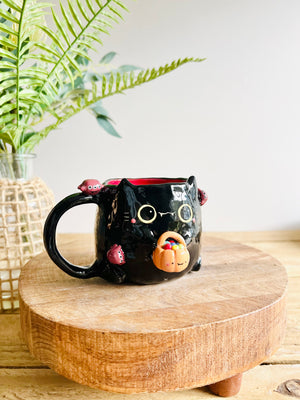 Trick or treat black kitty mug with spider friends