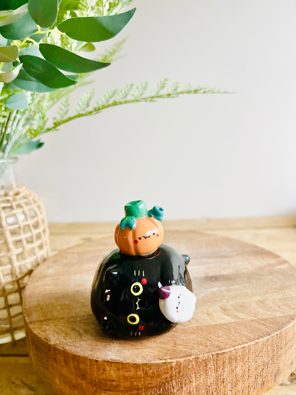 Sideways black cat with ghost and pumpkin friend bud vase, photo 8 of 9