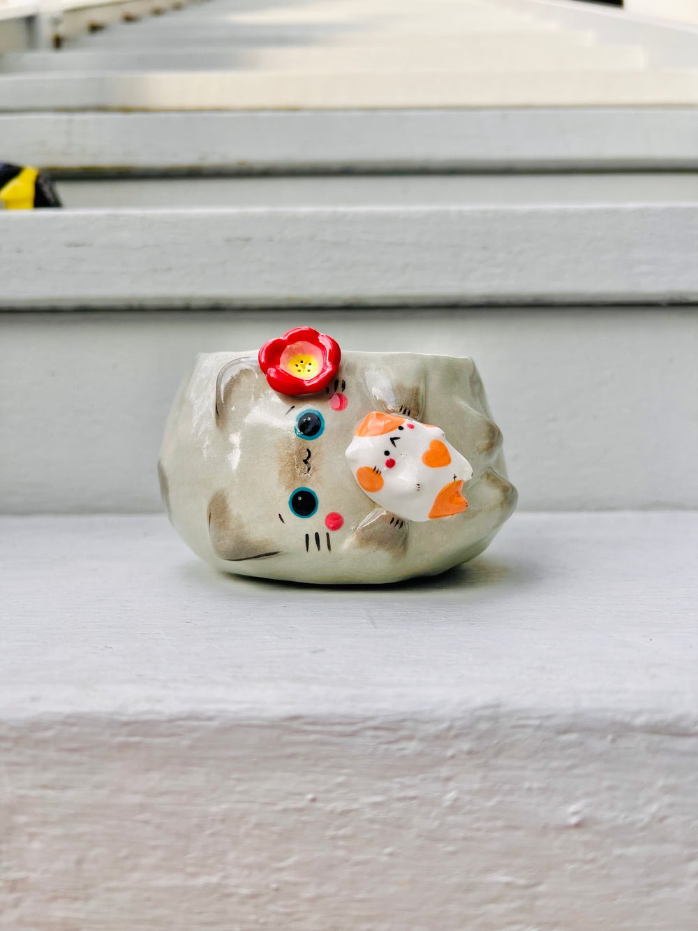 Sideways grey cat pot with ginger cat friend, photo 1 of 9