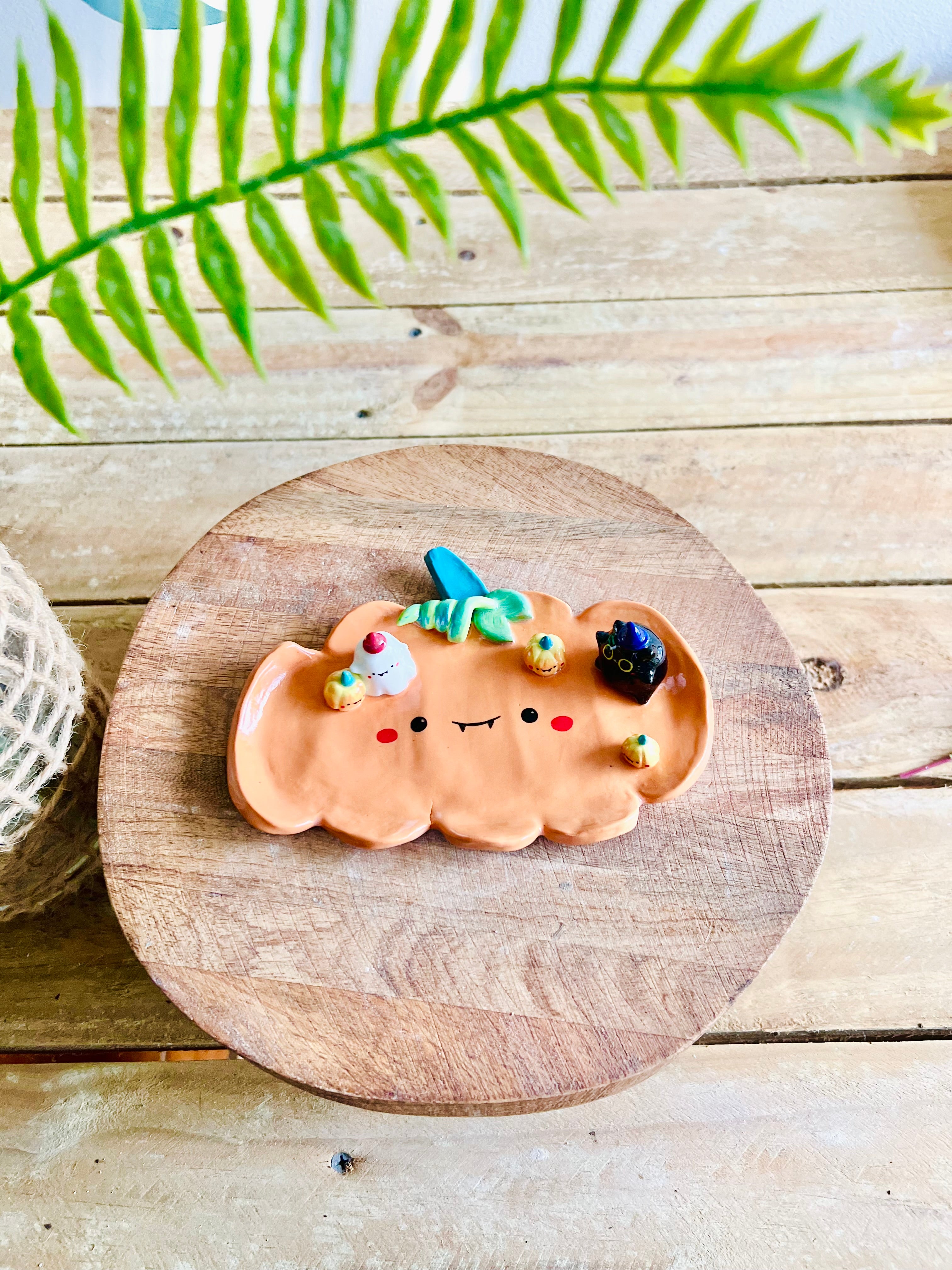 SECONDS: pumpkin trinket dish with black cat, ghost and pumpkin friends