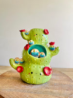 Owl family flowery cactus home trio stack vase