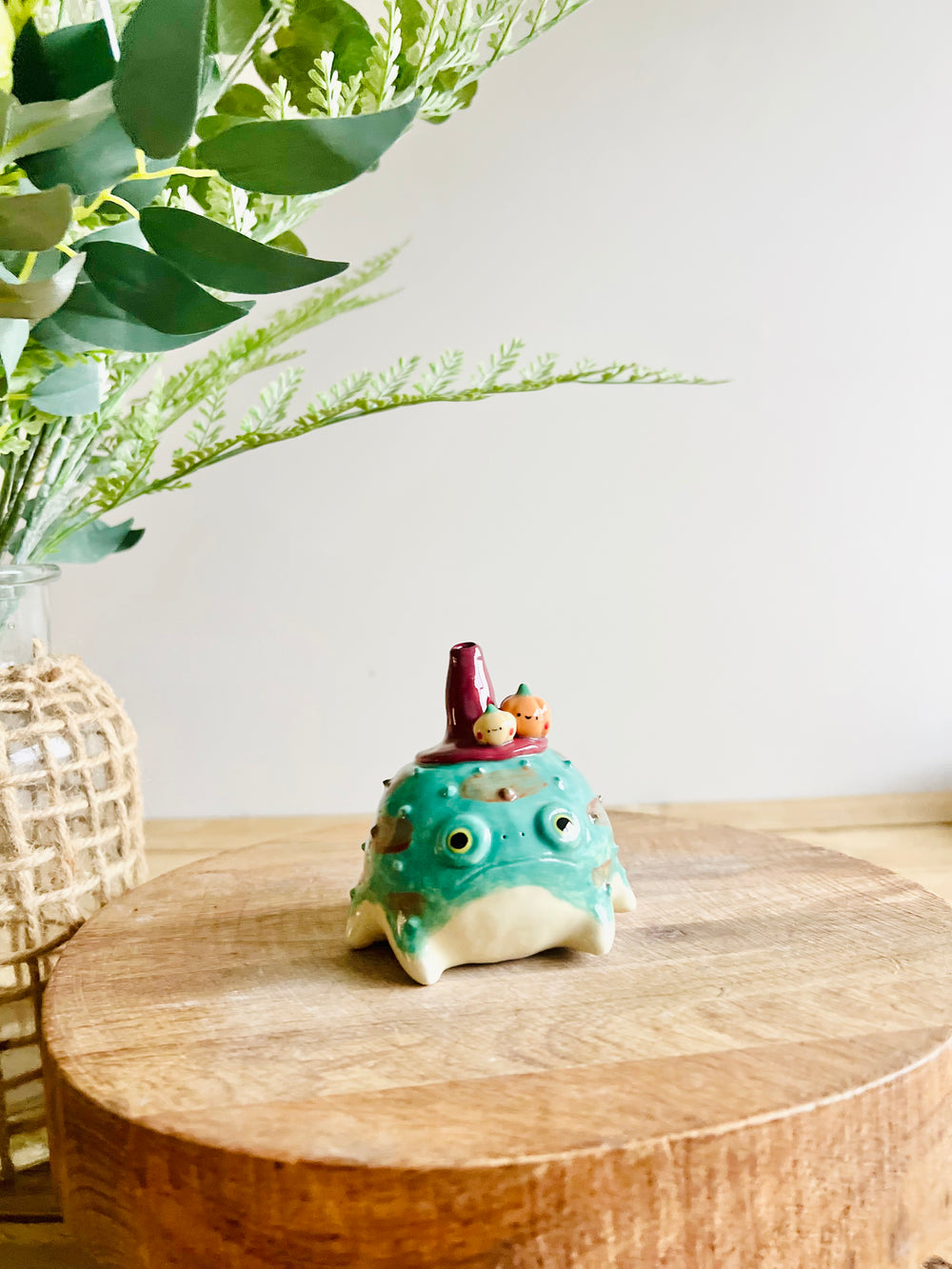 Grumpy Froggo witch with pumpkin friends bud vase, photo 2 of 10