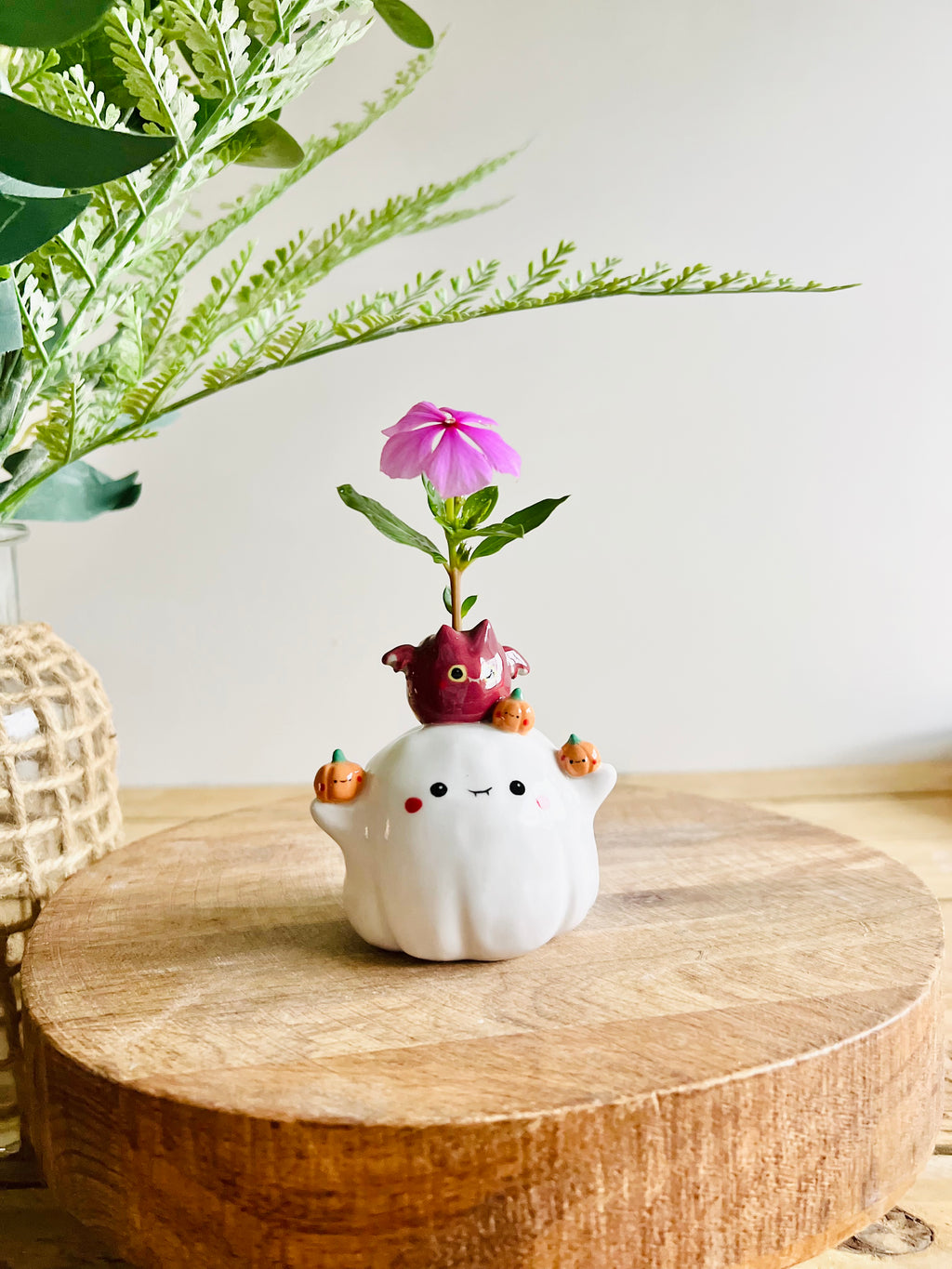 Ghost with bat and pumpkin friends bud vase