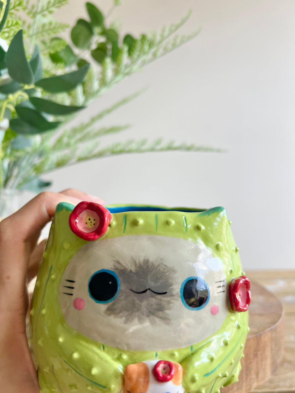 Flowery grey CAT-us pot with ginger cat friend, photo 10 of 15