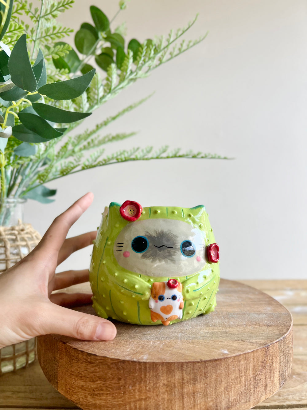 Flowery grey CAT-us pot with ginger cat friend, photo 8 of 15