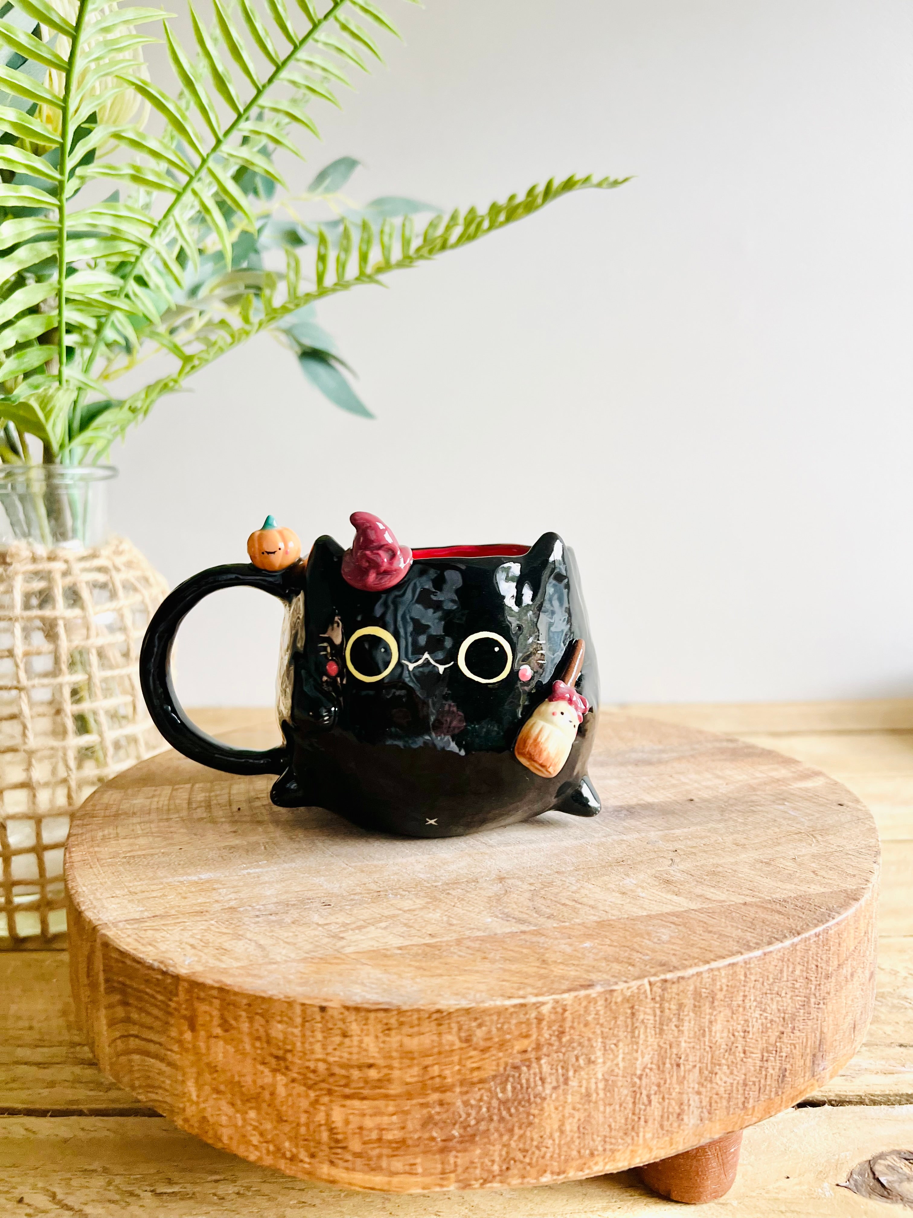 Black cat witch mug with pumpkin friend