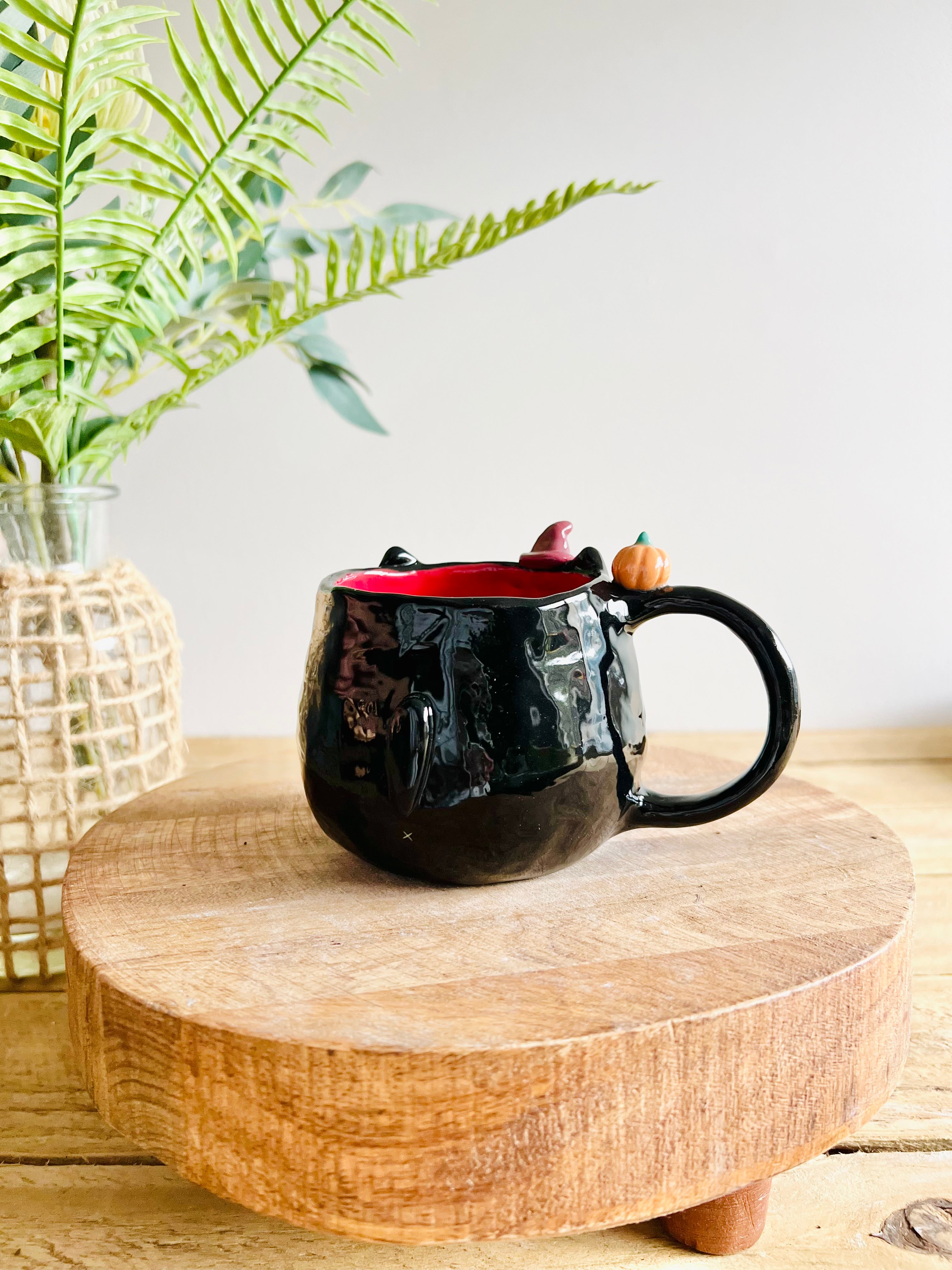 Black cat witch mug with pumpkin friend