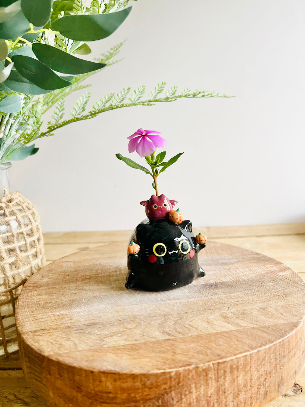 Black cat with bat and pumpkin friends bud vase, photo 9 of 10