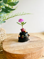 Black cat with bat and pumpkin friends bud vase