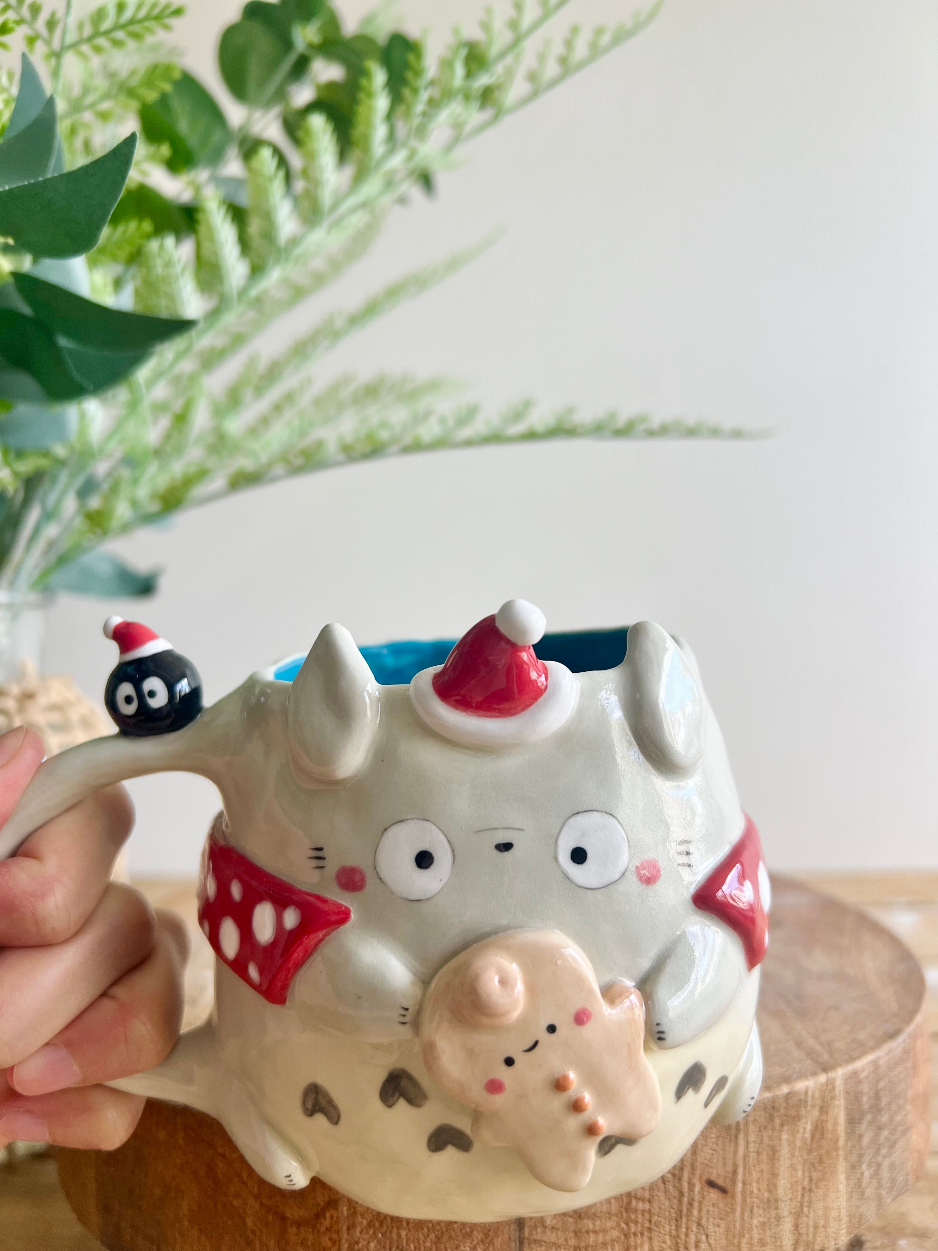 Festive Tororo mug with gingerbread and soot sprite friends