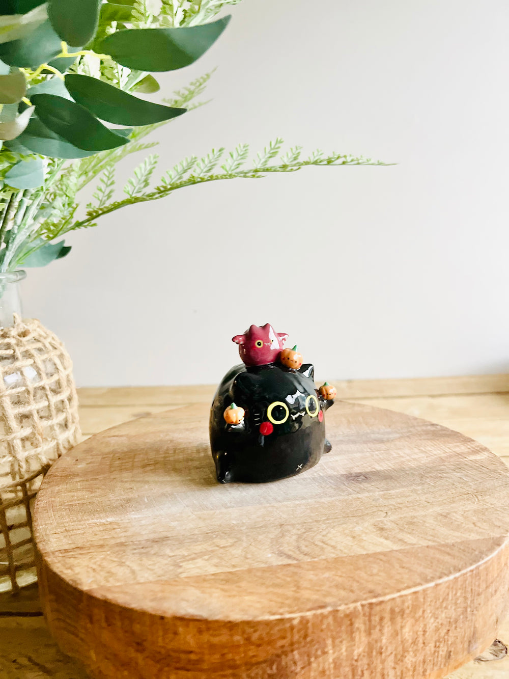 Black cat with bat and pumpkin friends bud vase, photo 7 of 10