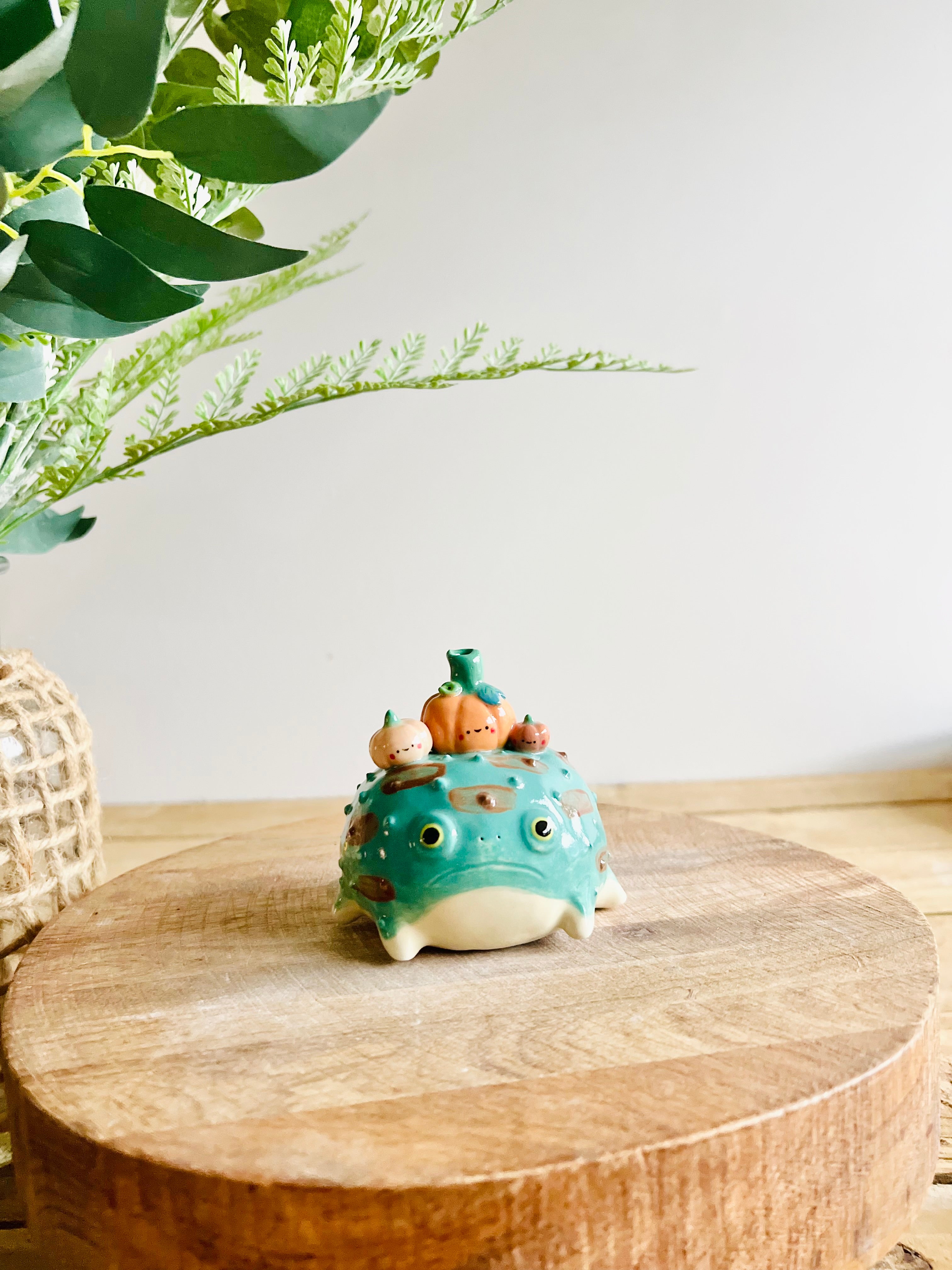 Grumpy Froggo with pumpkin friends bud vase