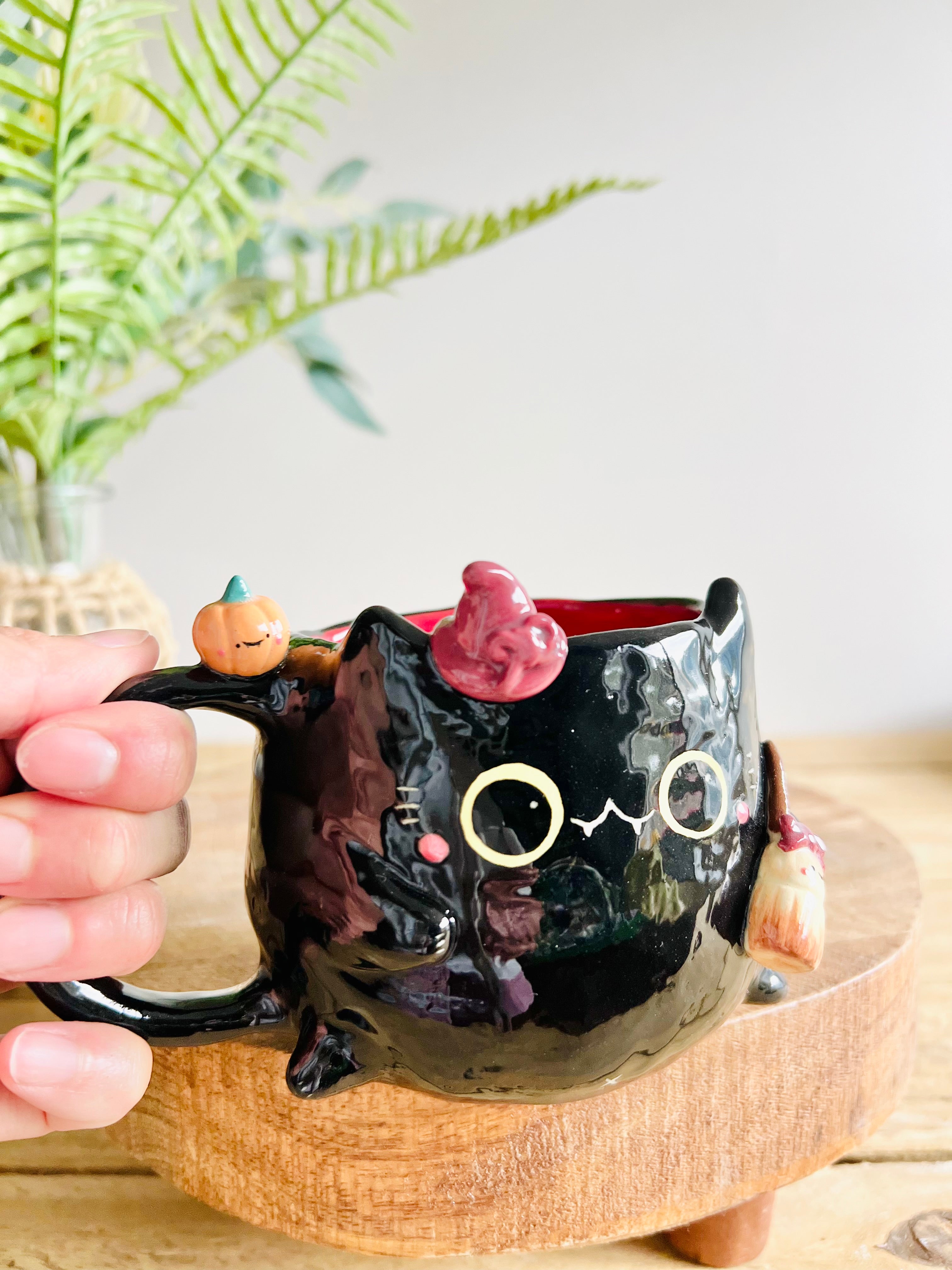 Black cat witch mug with pumpkin friend