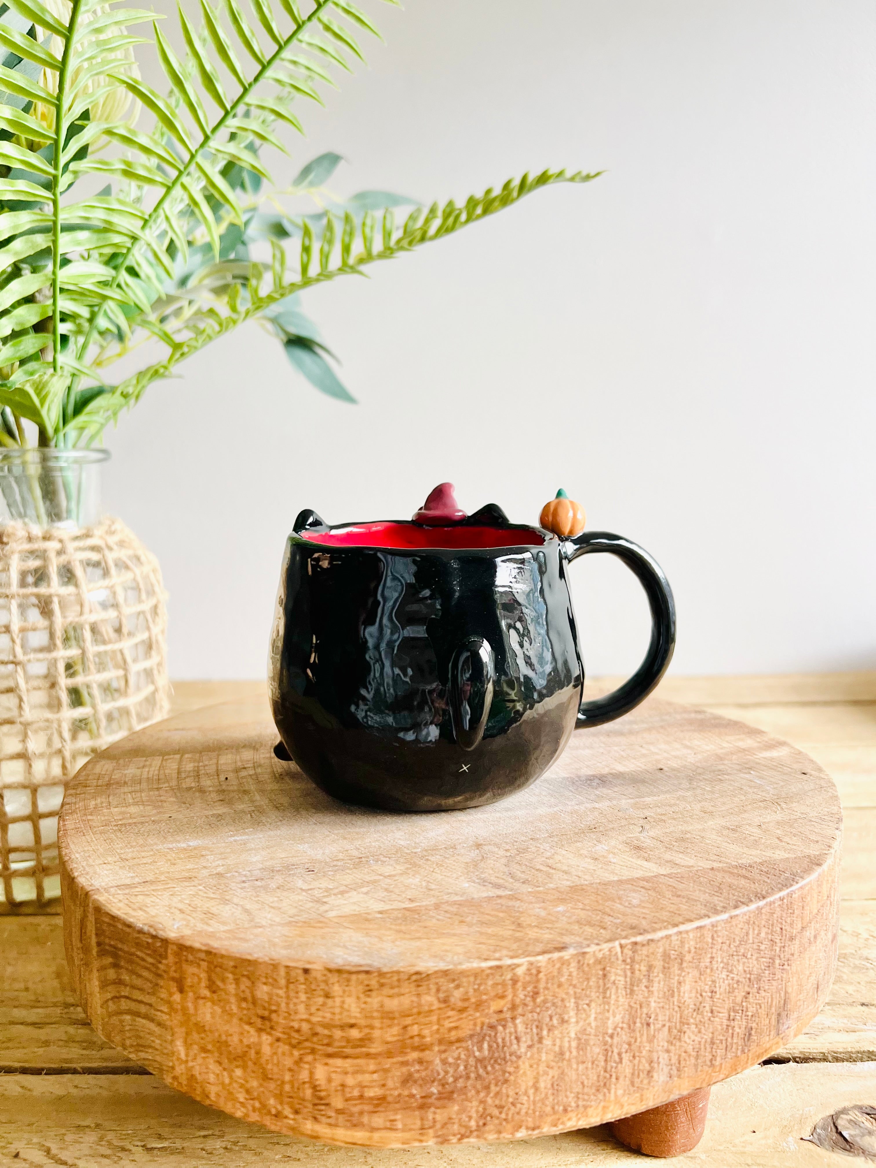 Black cat witch mug with pumpkin friend