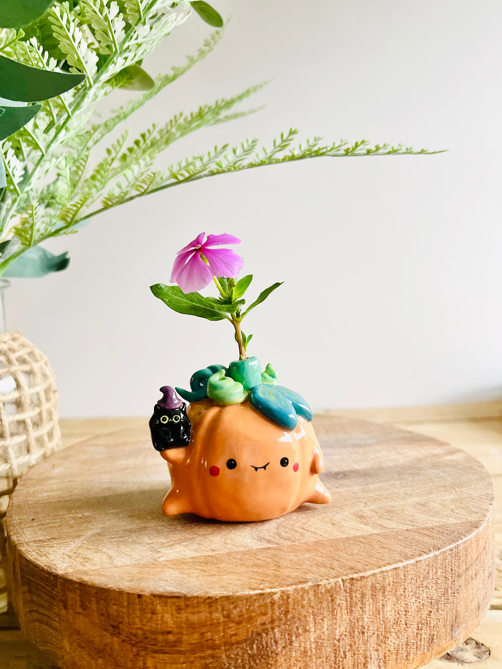 Pumpkin with black cat witch friend bud vase, photo 1 of 8