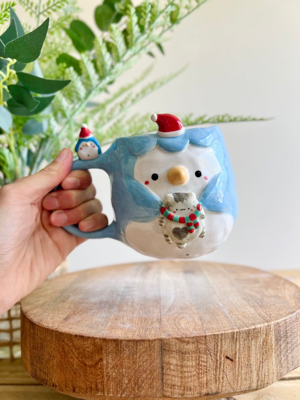 Festive Penguin mug with baby penguin and cat friend, photo 16 of 18