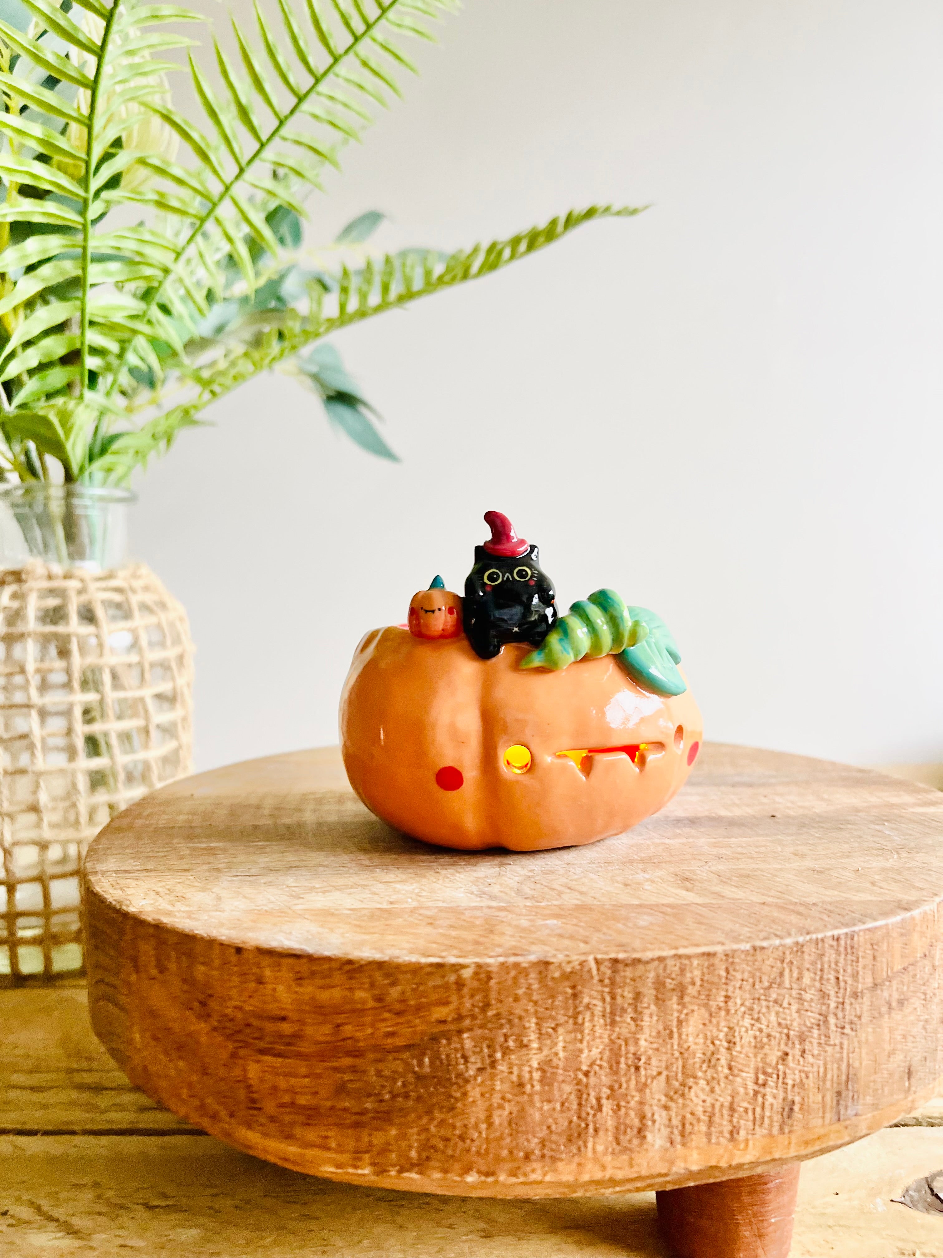 Pumpkin with black cat friend candle holder/trinket dish