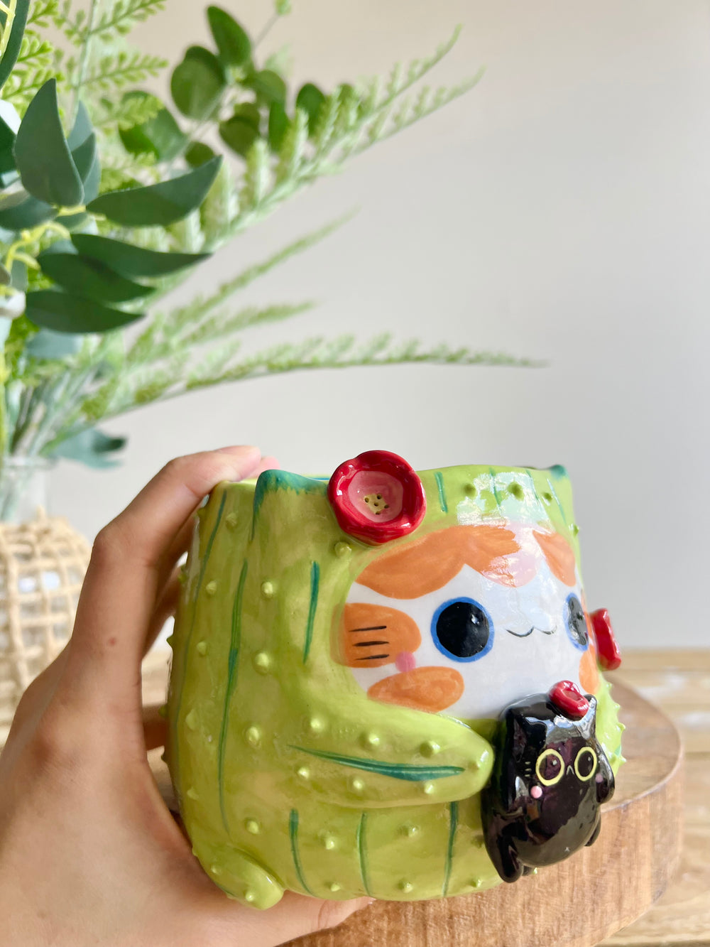 Flowery ginger CAT-us pot with black cat friend, photo 11 of 14