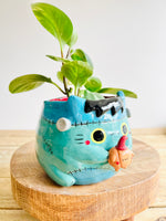 Franken-kitty pot with pumpkin friend