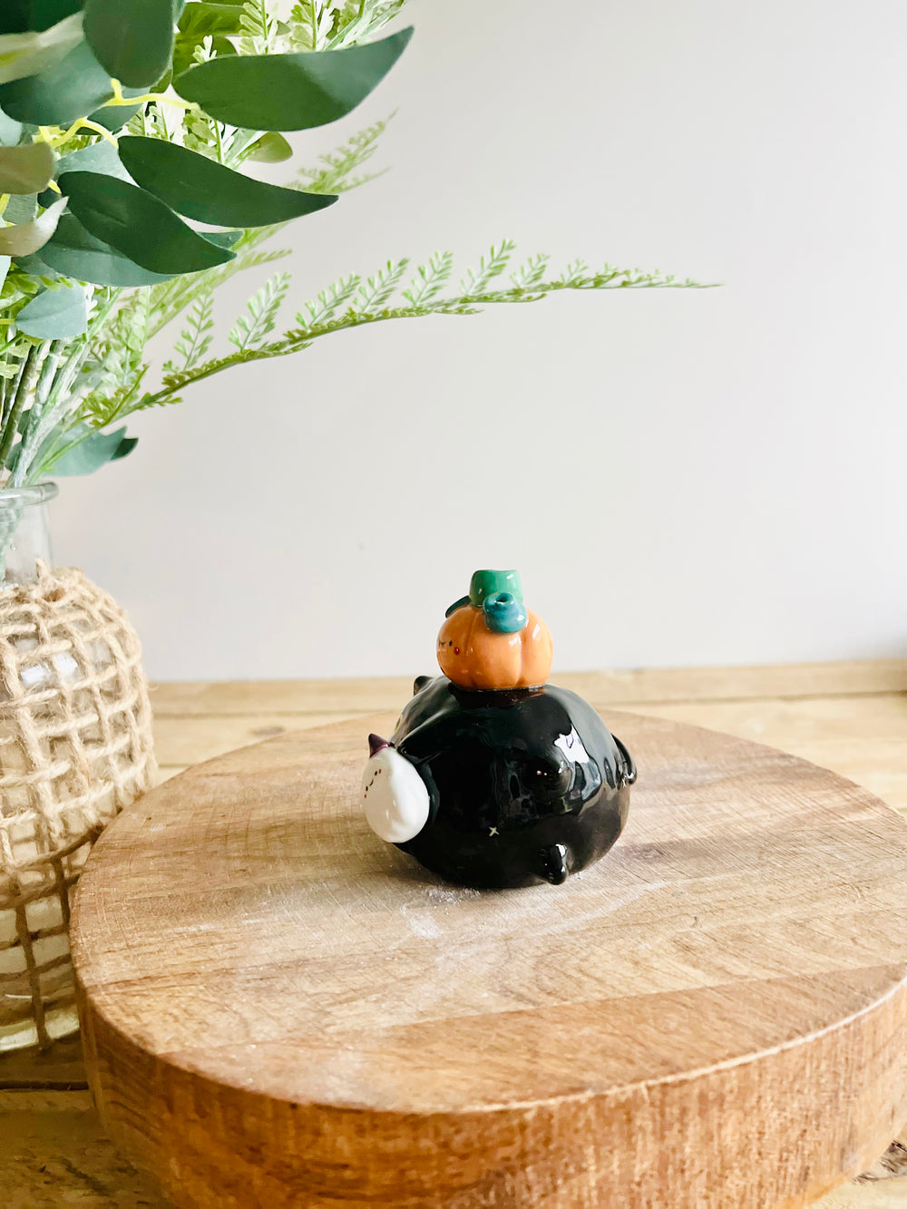 Sideways black cat with ghost and pumpkin friend bud vase, photo 9 of 9