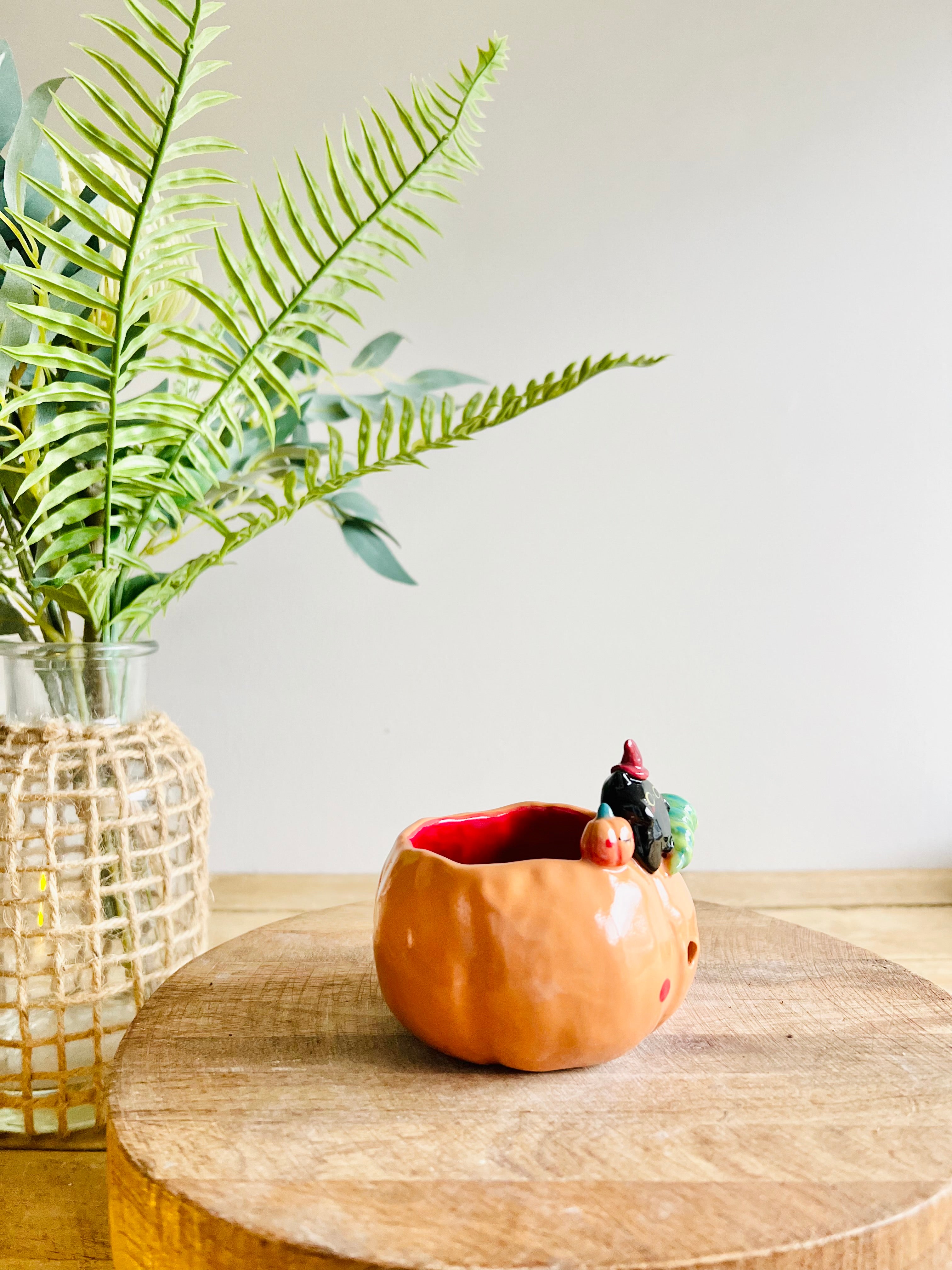 Pumpkin with black cat friend candle holder/trinket dish