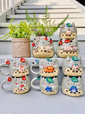 Flowery Totoro mug with cat friends