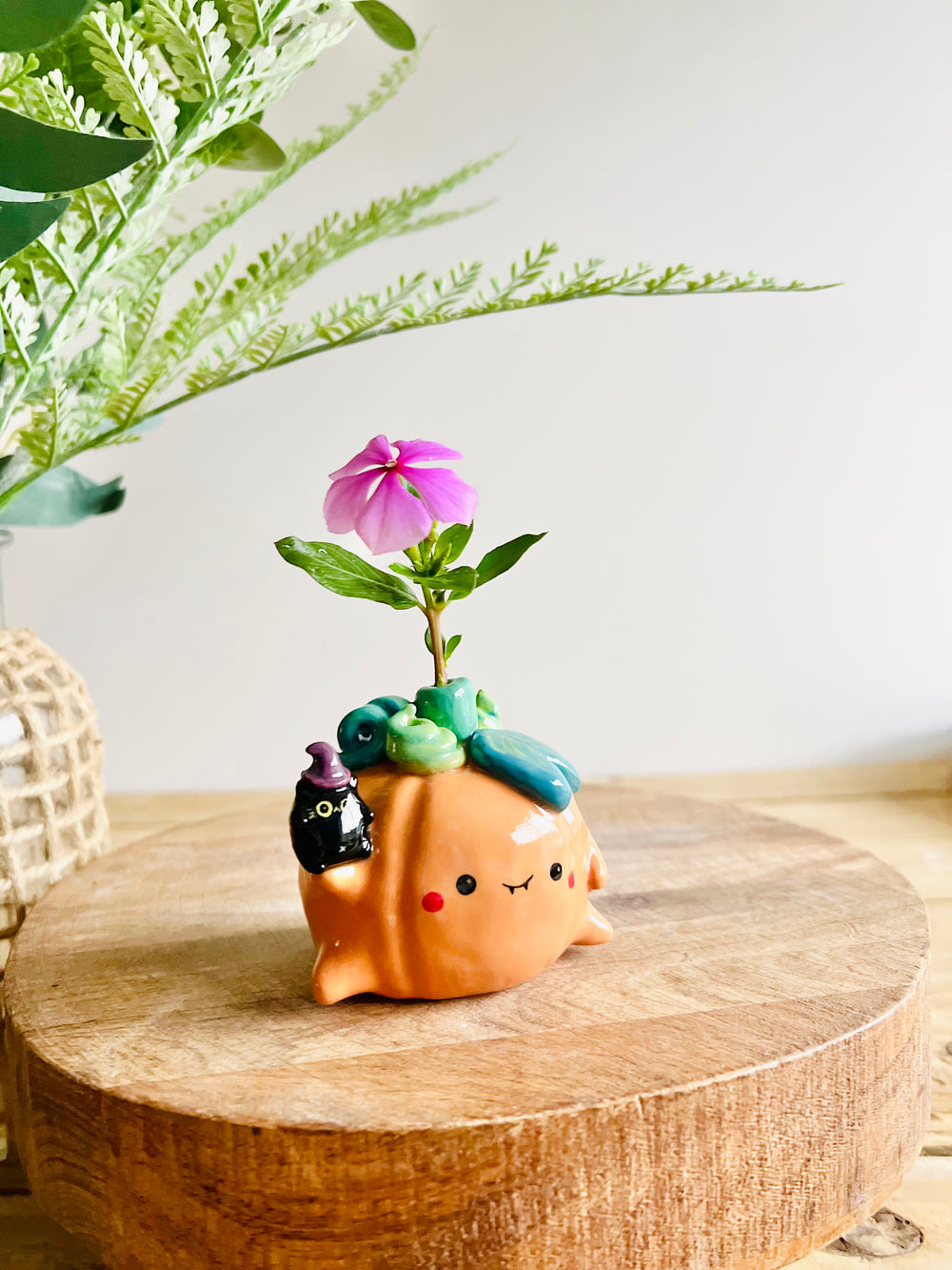 Pumpkin with black cat witch friend bud vase, photo 2 of 8