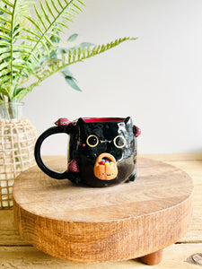 Trick or treat black kitty mug with spider friends