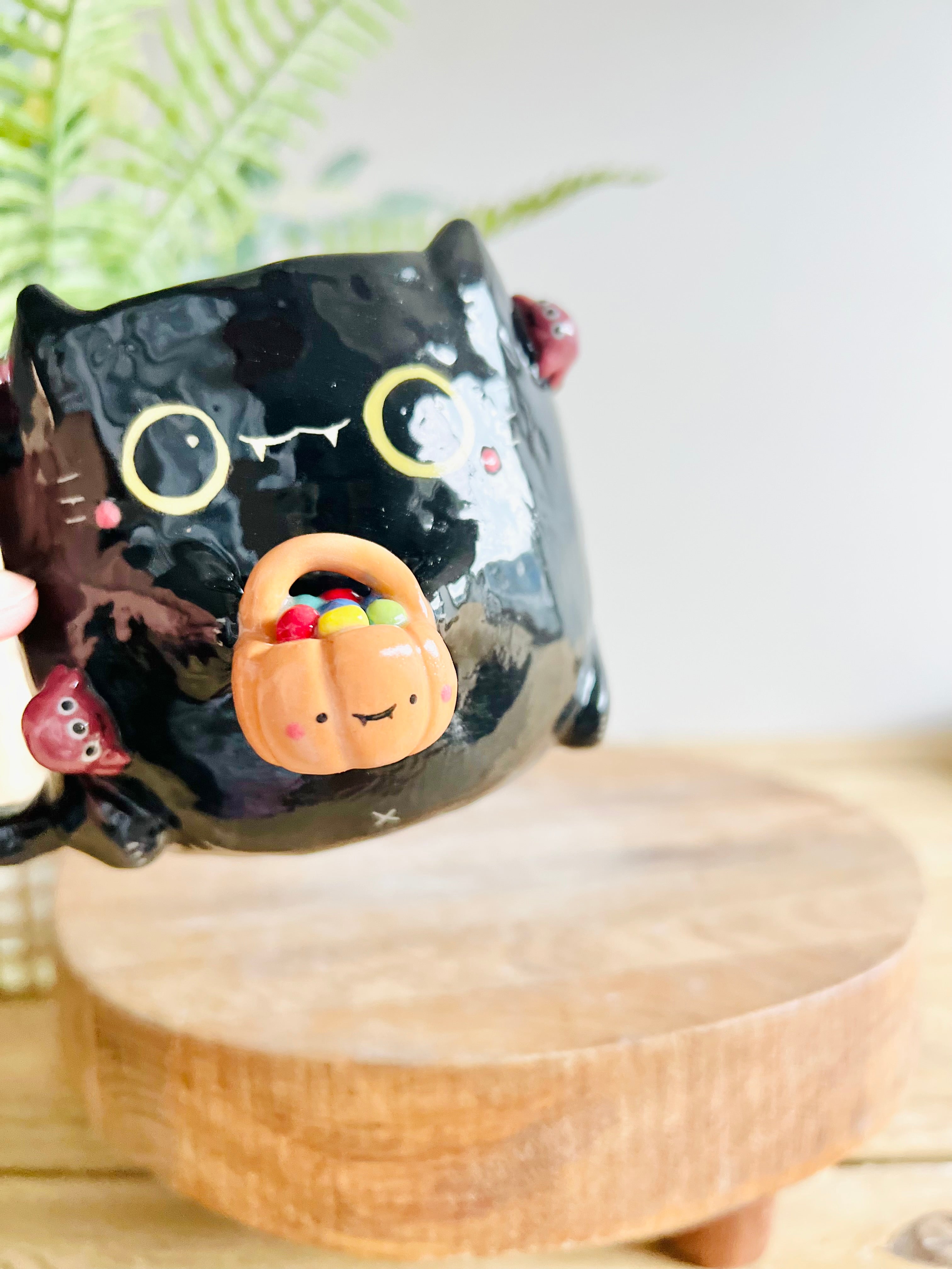 Trick or treat black kitty mug with spider friends