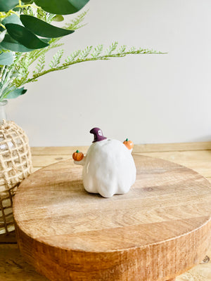 Ghost witch with pumpkin friends bud vase