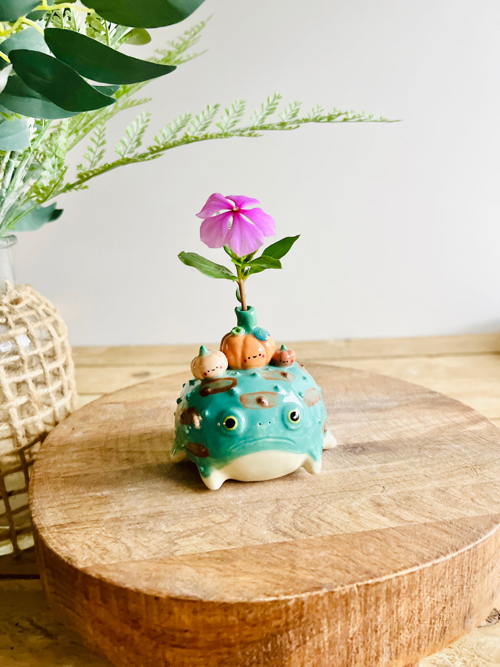 Grumpy Froggo with pumpkin friends bud vase