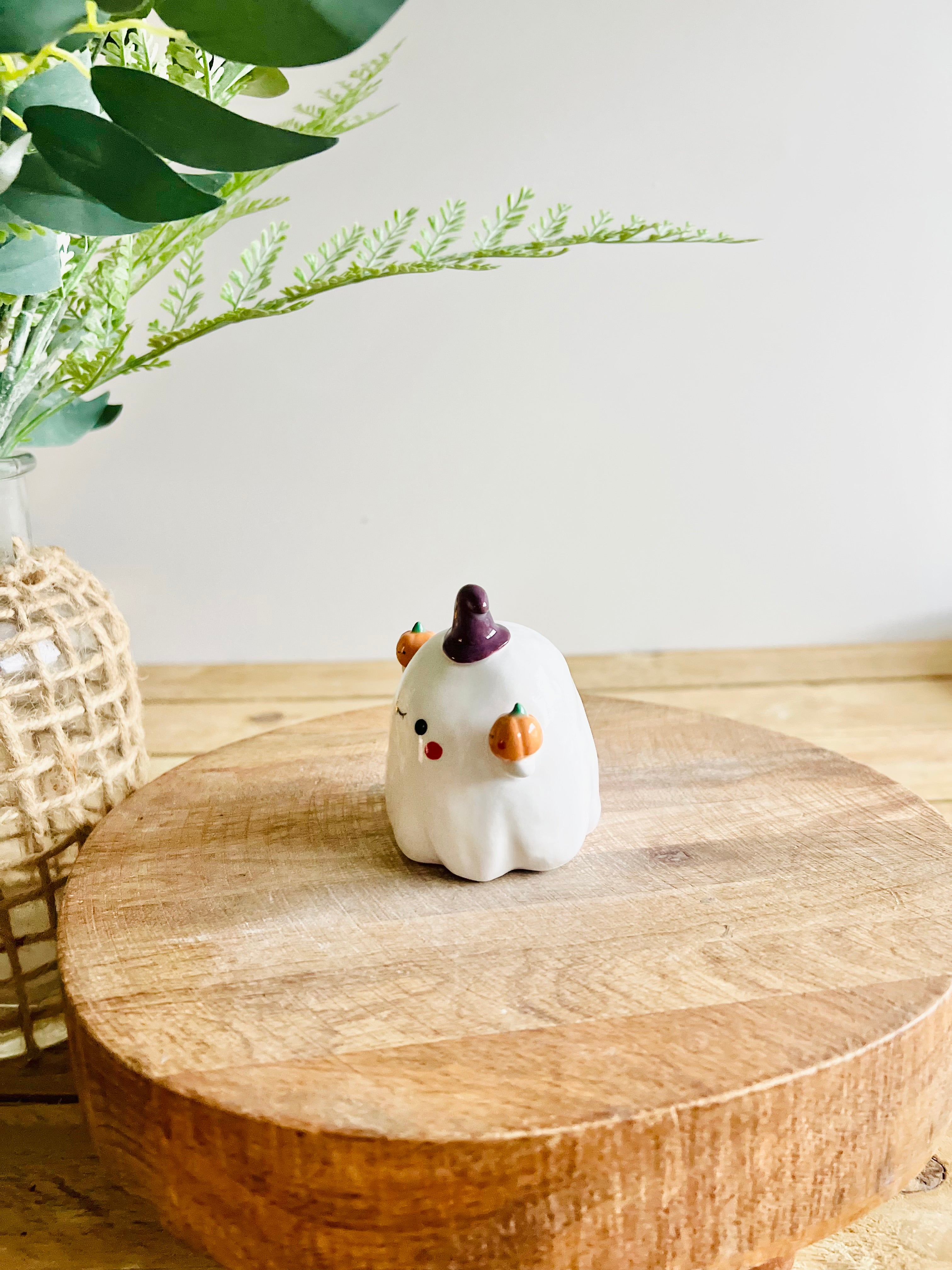 Ghost witch with pumpkin friends bud vase