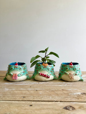 Festive grumpy Froggo planter bearing gift