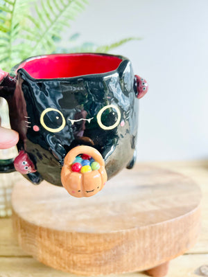 Trick or treat black kitty mug with spider friends