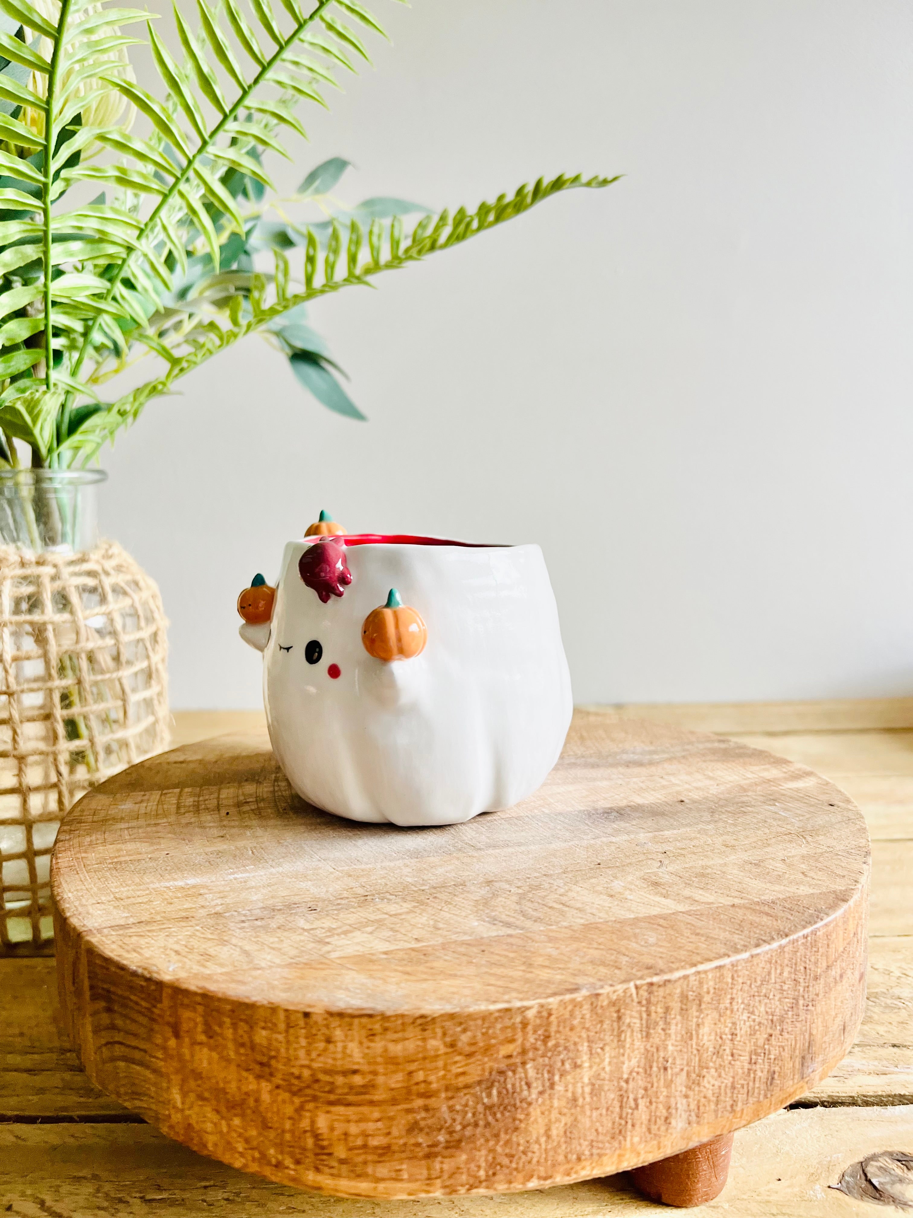 Ghost mug with spider and pumpkin friends