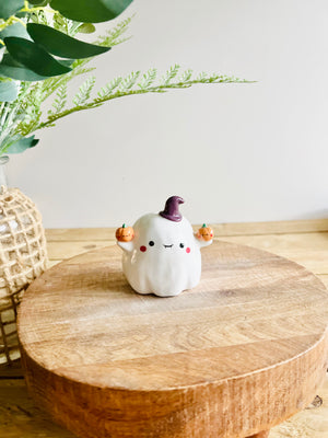 Ghost witch with pumpkin friends bud vase