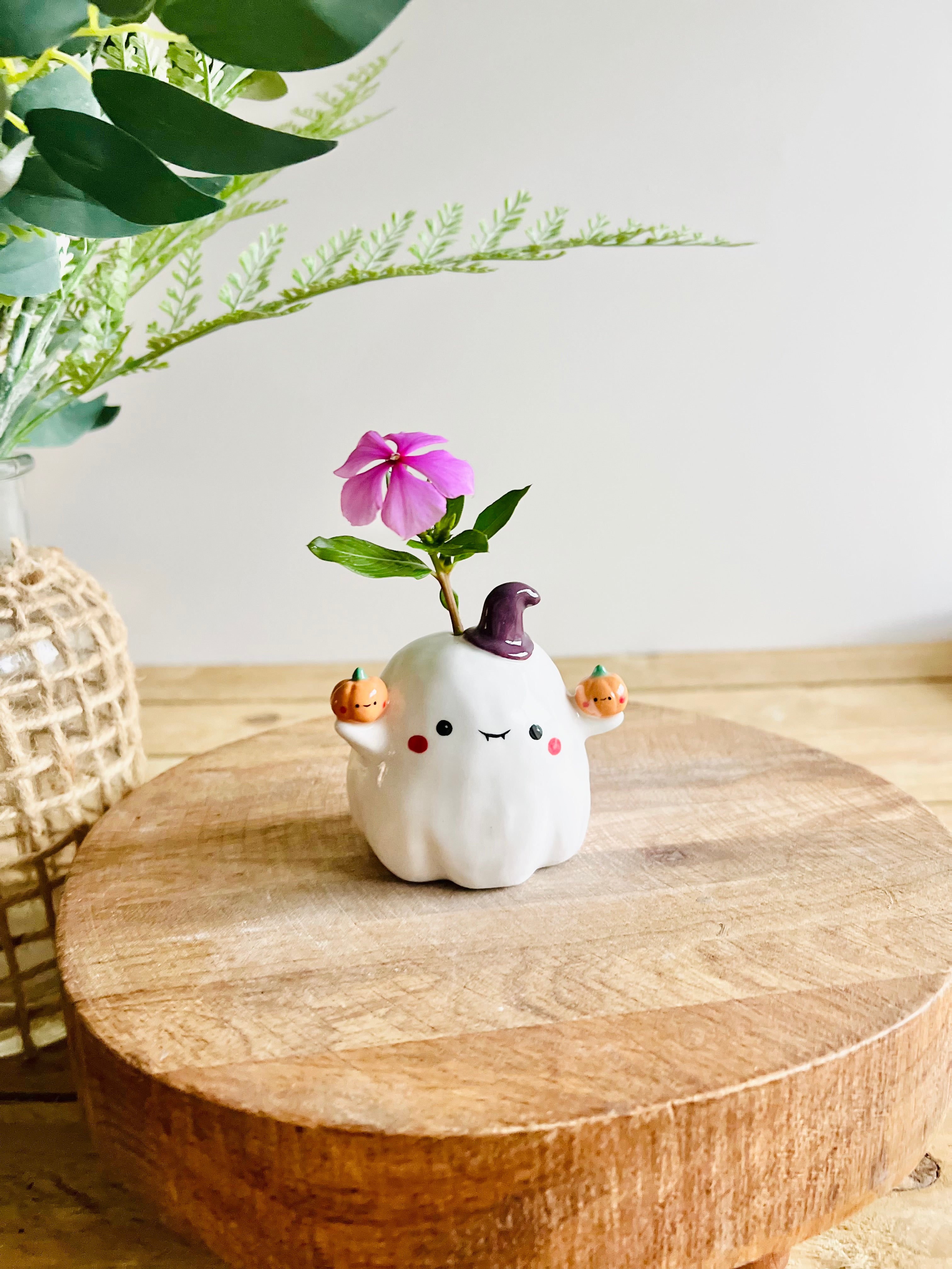 Ghost witch with pumpkin friends bud vase