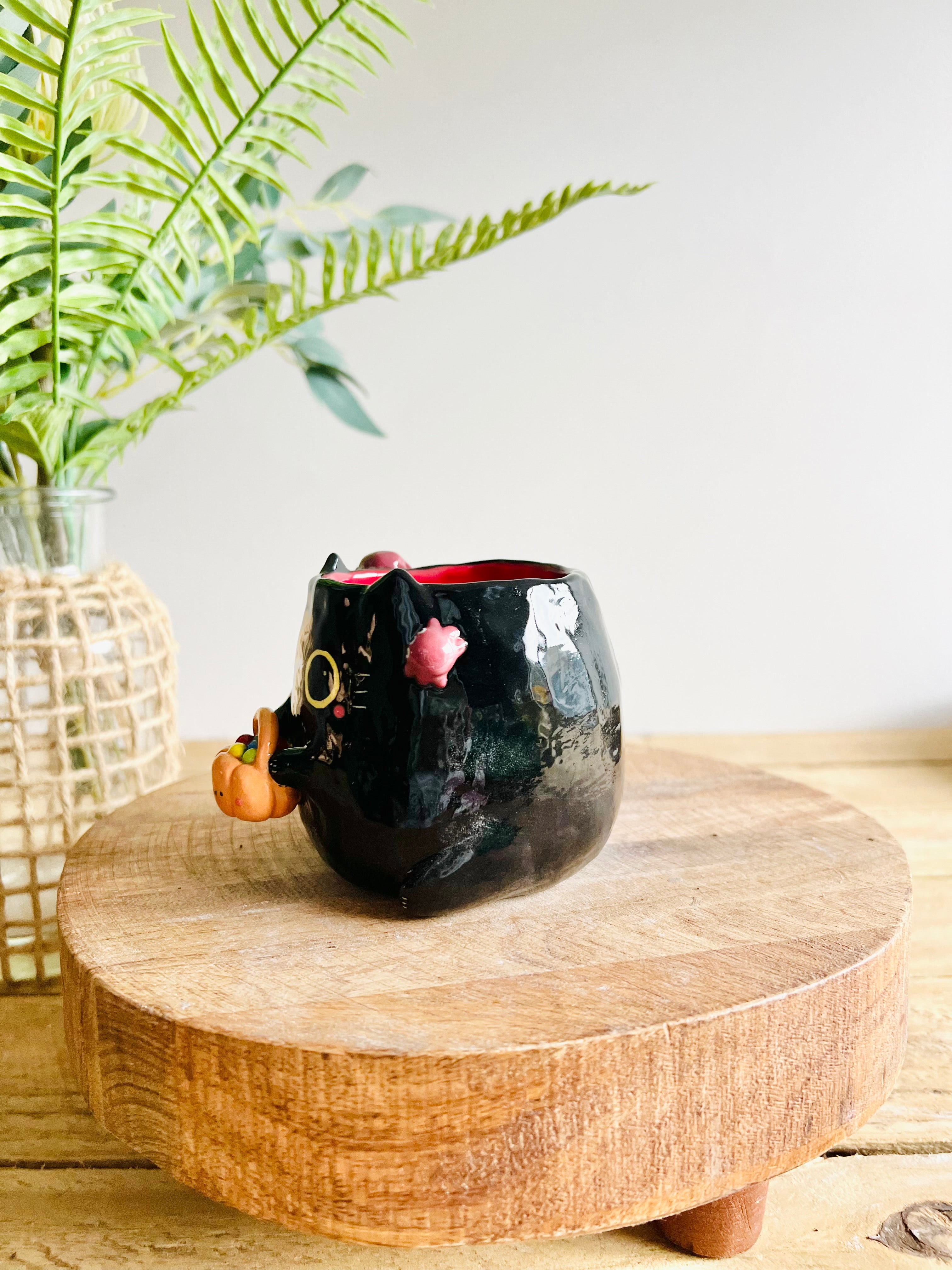 Trick or treat black kitty mug with spider friends