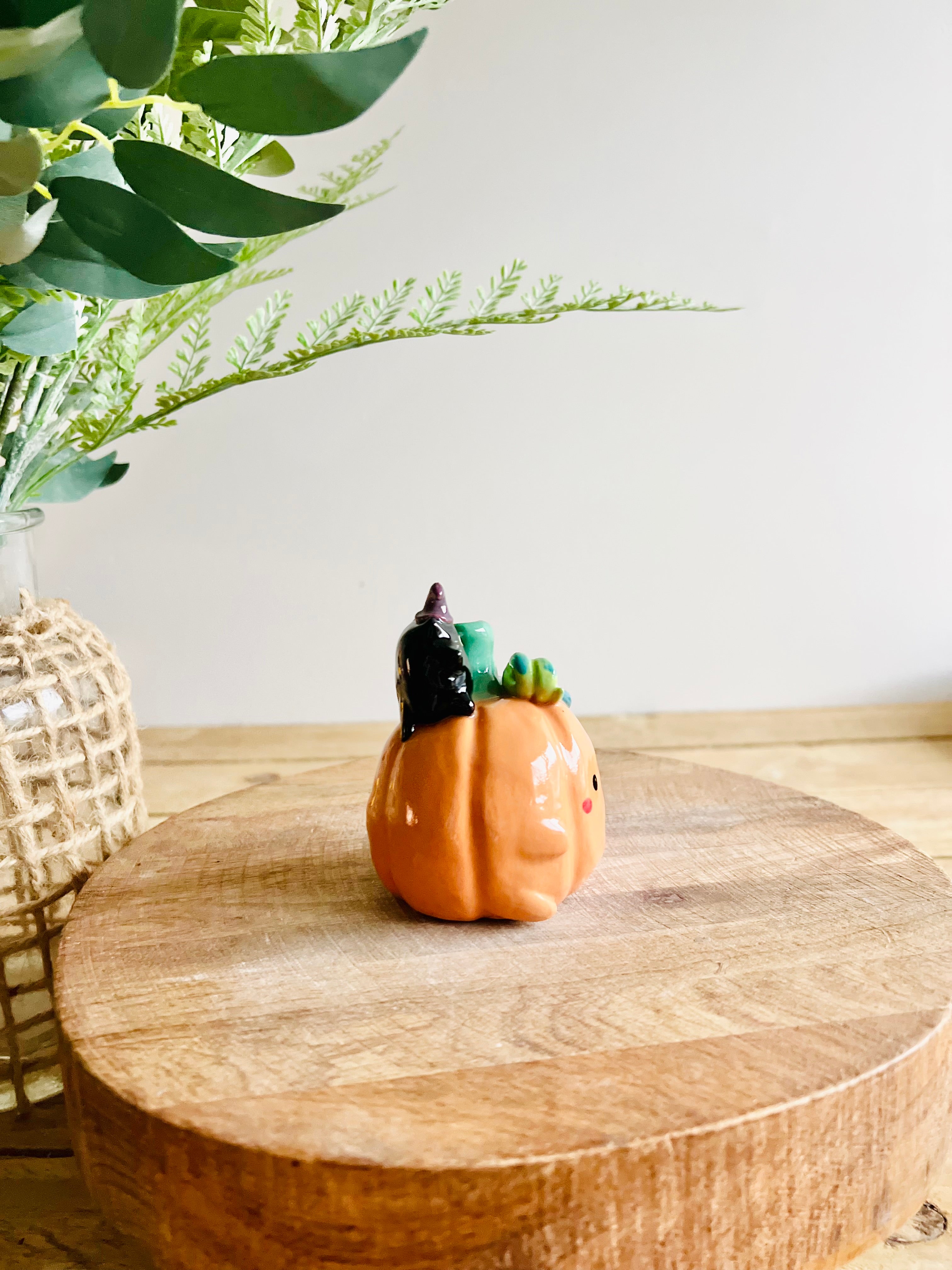 Pumpkin with black cat friend bud vase