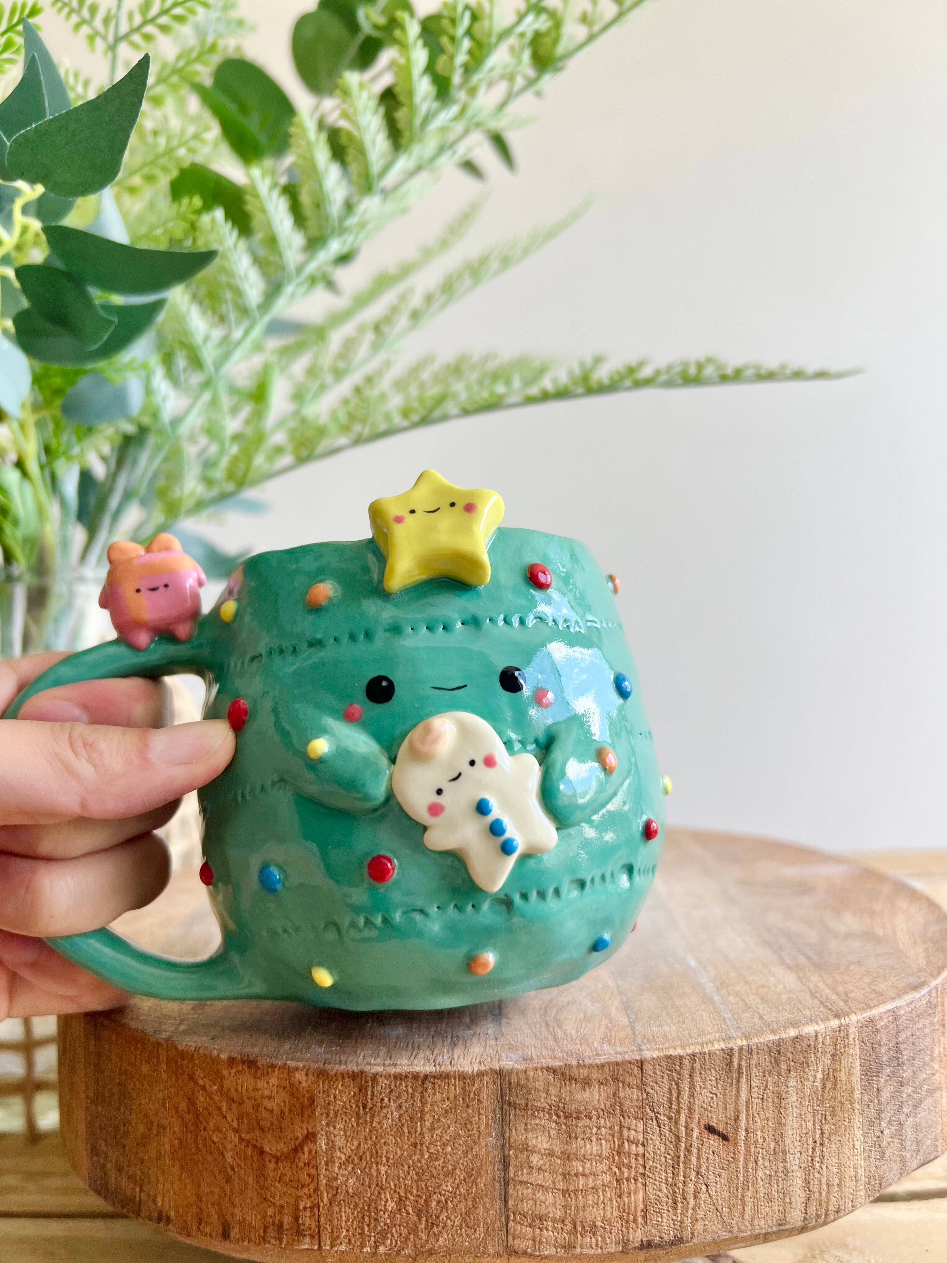 Christmas tree mug with gingerbread and present friend