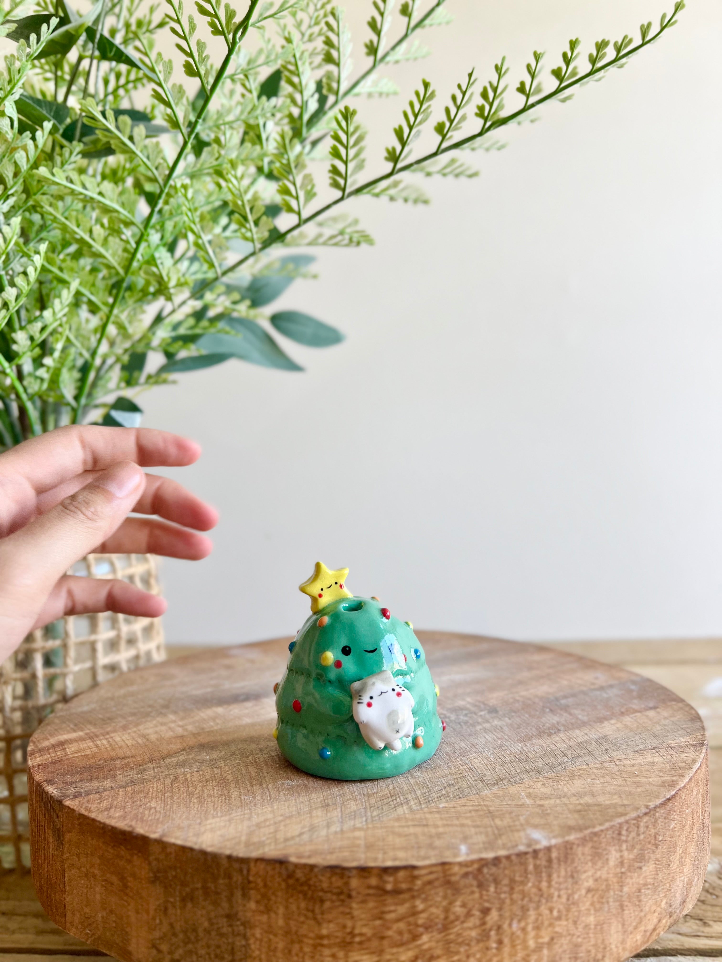 Christmas tree with grey cat friend bud vase