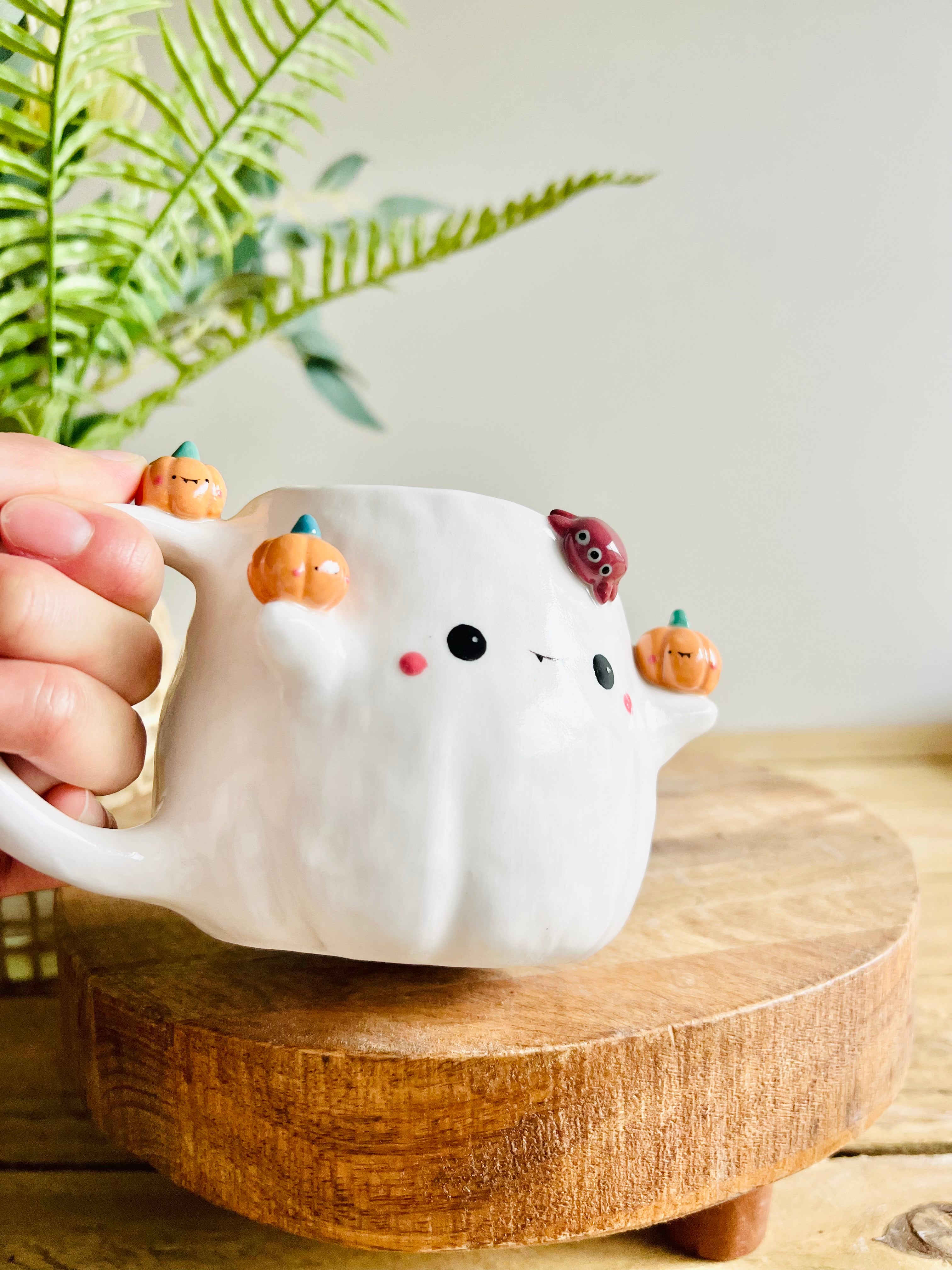 Ghost mug with spider and pumpkin friends