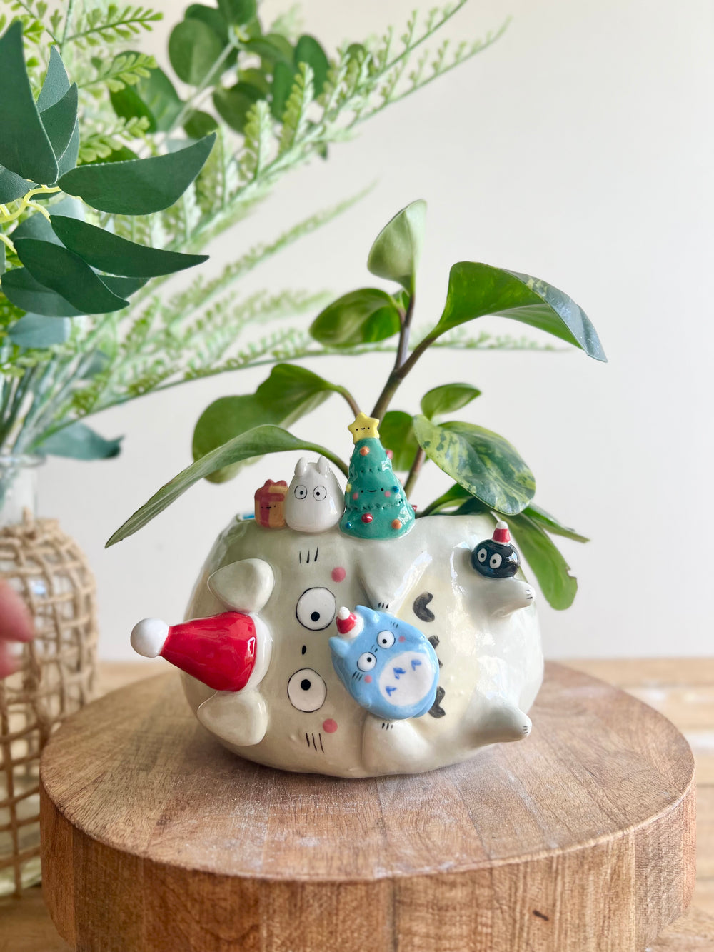 Festive sideways Totoro pot with Chibi Totoro friends, photo 1 of 11