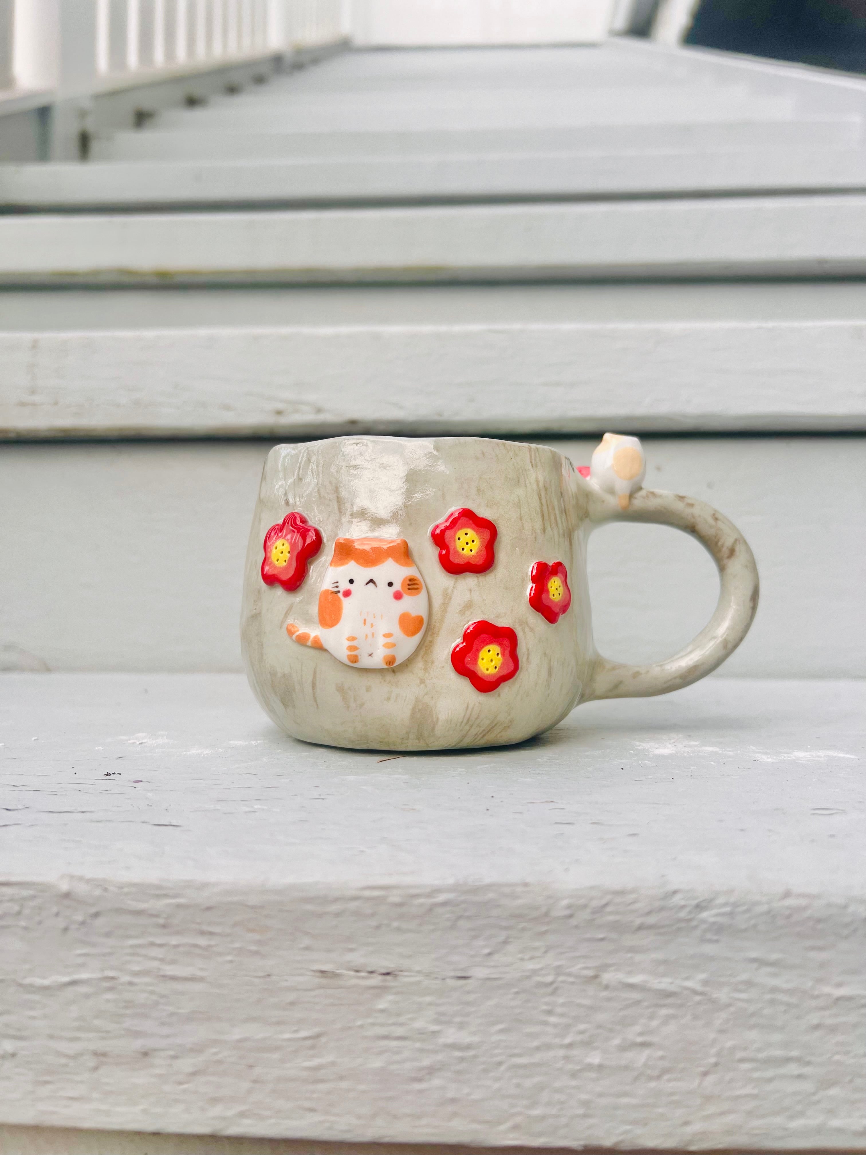 Flowery Totoro mug with cat friends