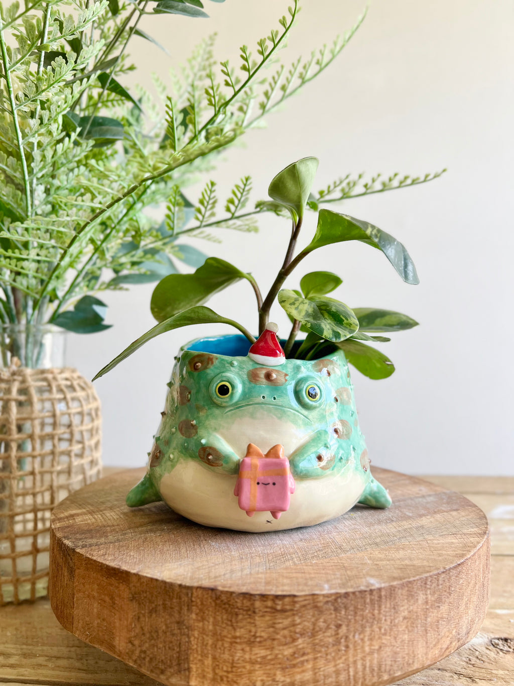 Festive grumpy Froggo planter bearing gift