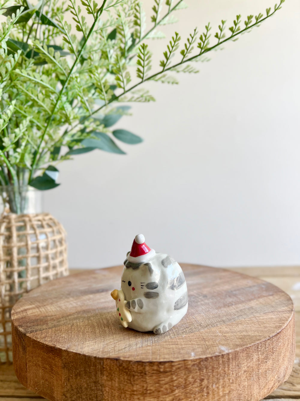 Festive grey cat with gingerbread friend bud vase, photo 5 of 10
