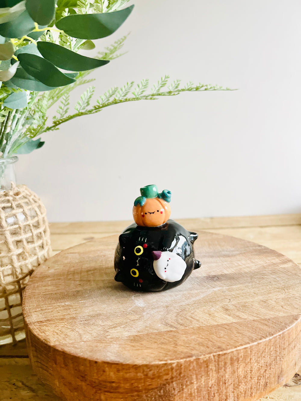 Sideways black cat with ghost and pumpkin friend bud vase, photo 2 of 9